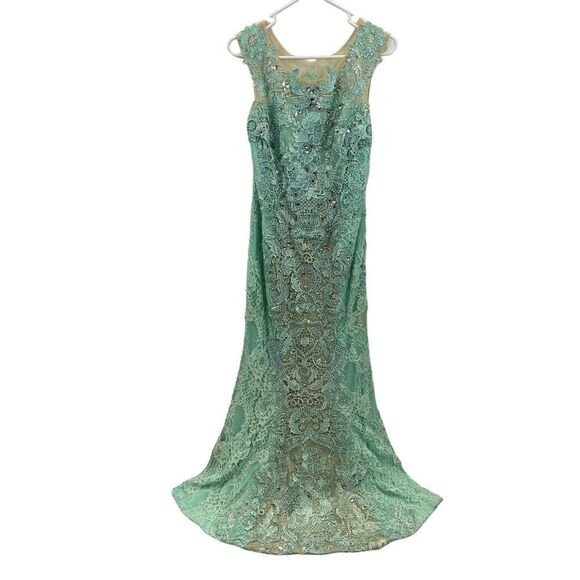 Mint Green and Silver Lace Mac Duggar Floor Length Prom Gown Size 12 - Picture 2 of 16